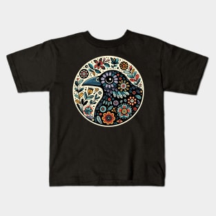 Whimsical folk art, loves crows, loves birds, crows, raven, a guardian of nature, sits among flowers, evoking a sense of protection. Kids T-Shirt